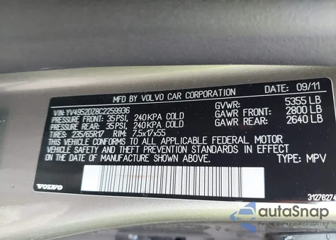 2012 Volvo Xc60 3.2 Platinum/3.2 Premier/3.2 Premier Plus/3.2L from USA, damaged, VIN YV4952DZ8C2259936